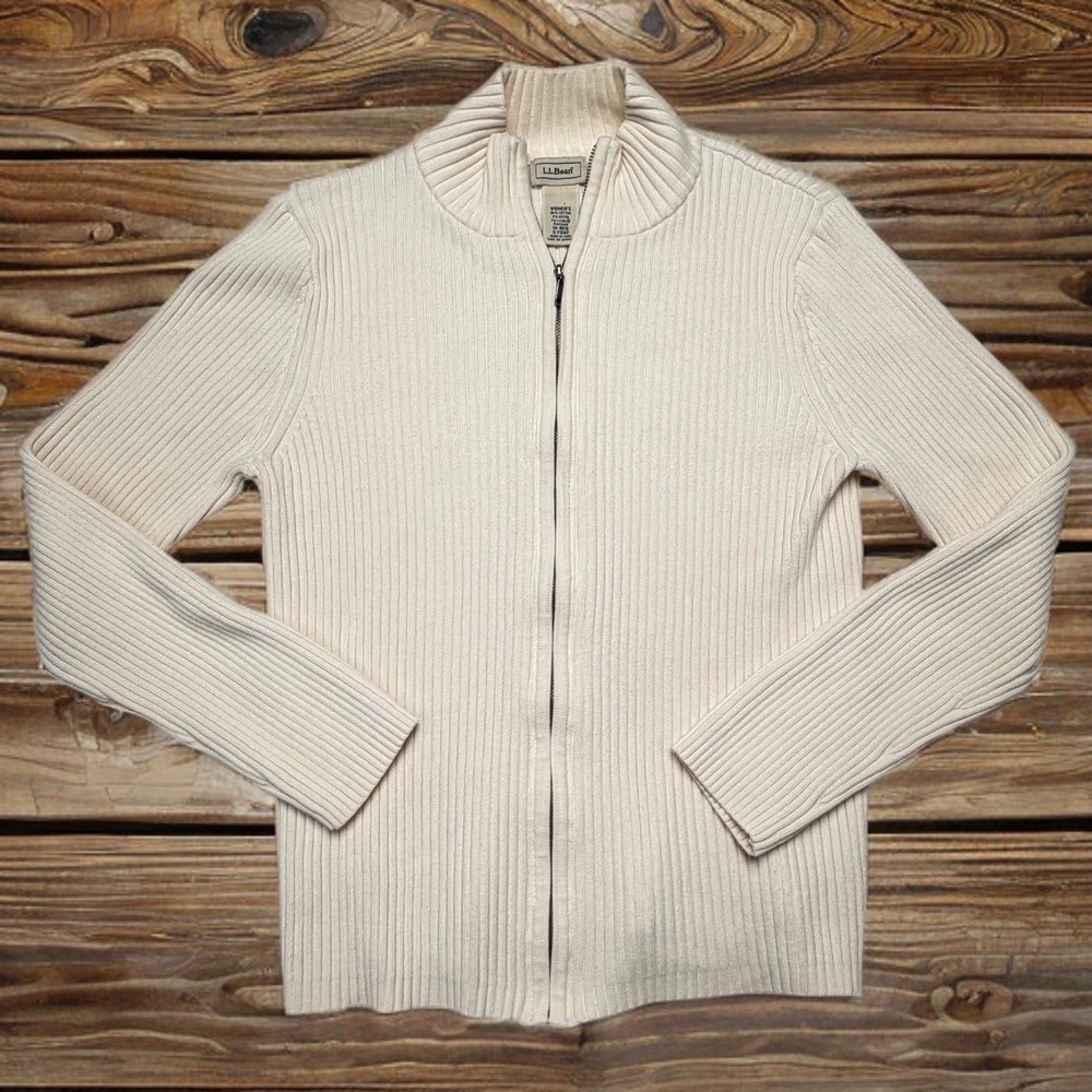 LL Bean Cream Ribbed Full Zip‎ Mock Neck  Cardigan Womens Medium Capsule Granola